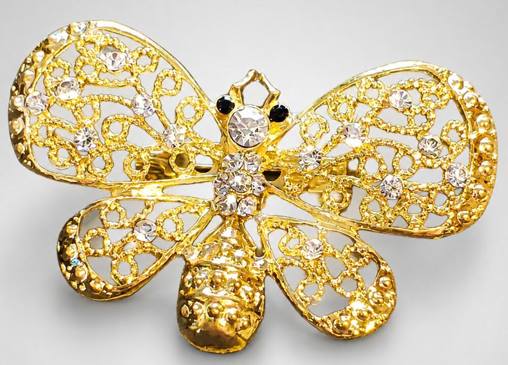 Elegant Rhinestone‎ Butterfly Brooch Pin 2.25" Gold-tone Filigree ab1-17